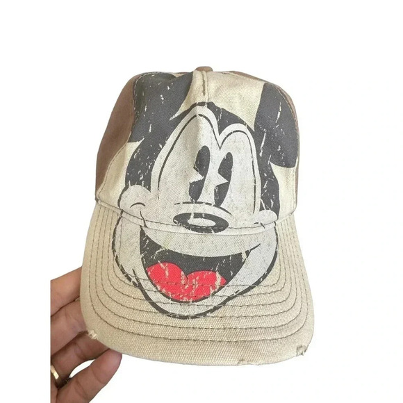 Disney Brown Mickey Mouse Face Embossed Embroidered Baseball Cap Hat Vintage - Picture 1 of 3